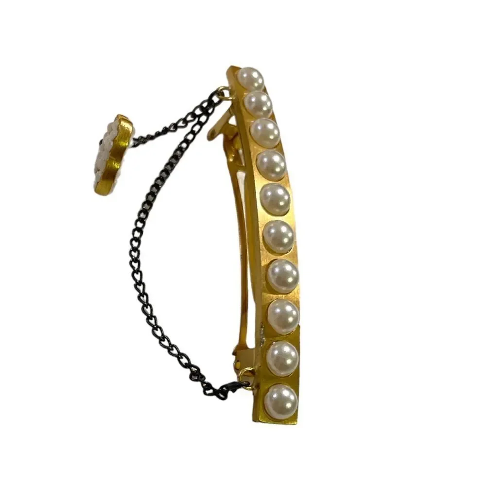 CHANEL Gold-Tone Vintage CC Logo & Faux Pearl French Snap Clip Barrette